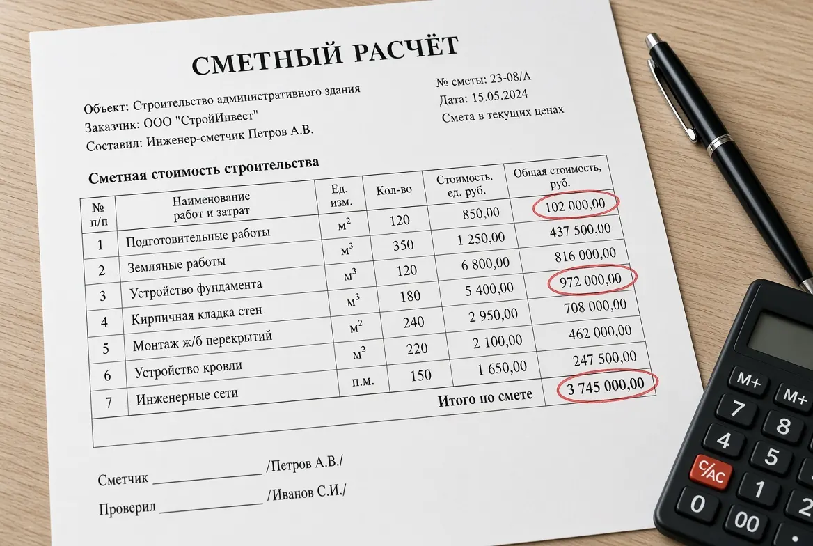 Сметный расчёт с отмеченными позициями